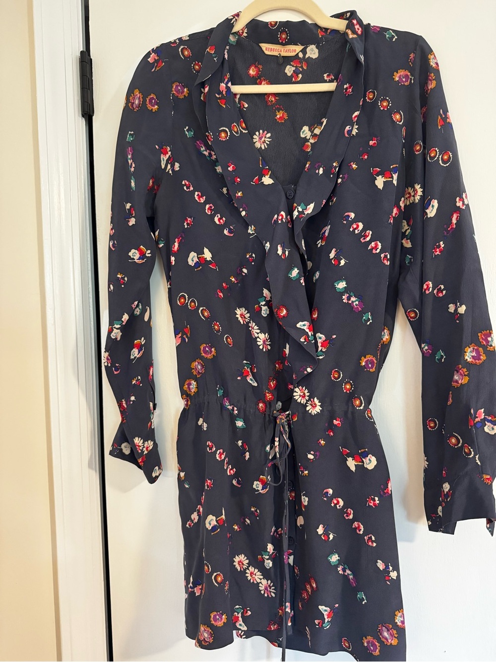 Rebecca Taylor Navy Floral Ruffle-Neck Dress size 4